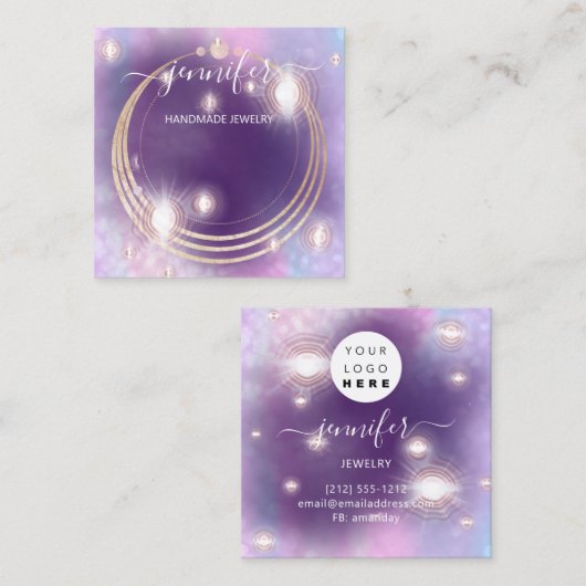 手作りジュエリーカスタムロゴホログラフパープル スクエア名刺 (正面/裏面)