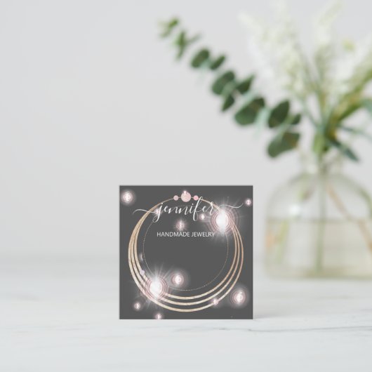 手作りジュエリーカスタムロゴ金ゴールドバラグレー スクエア名刺 (スタンド正面)