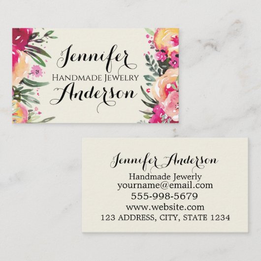 手作りジュエリー水彩フローラアイボリークリーム 名刺 (正面/裏面)