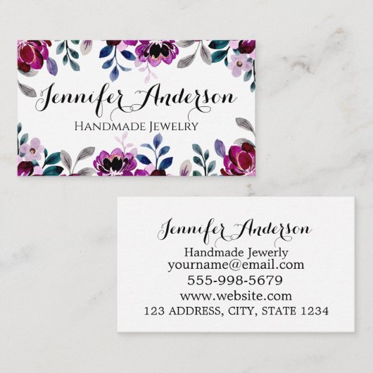 手作りジュエリー水彩フローラバーガンディースクリプト 名刺 (正面/裏面)