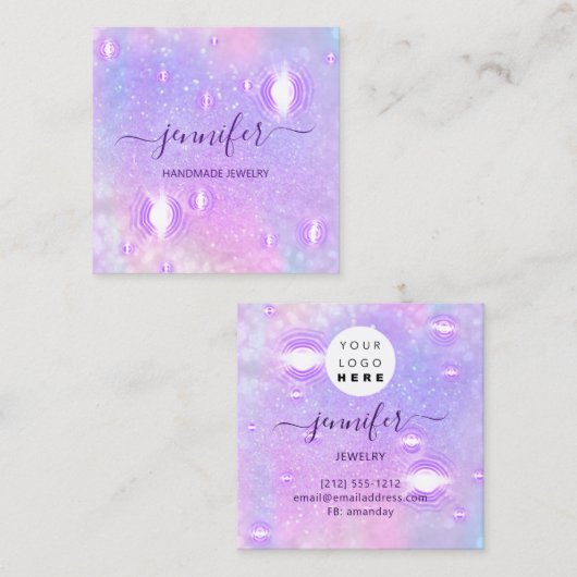 手作りジュエリー紫ロゴファッションホログラフィック スクエア名刺 (正面/裏面)