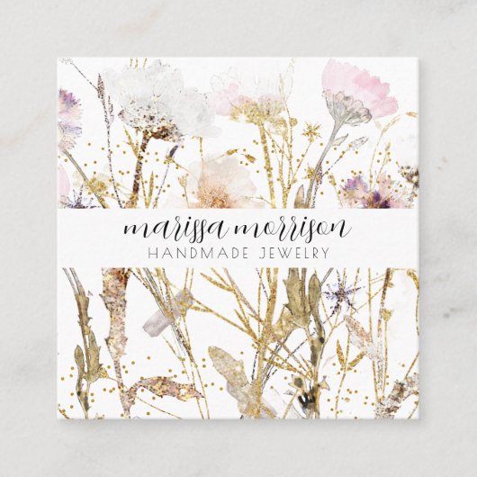 手作りジュエリー野草植物性ピンク金ゴールド スクエア名刺 (正面)