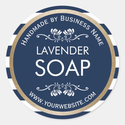 手作りソープ縁ど金ゴールドネイビーブルーストライプズ ラウンドシール (正面)