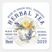 手作りティーラベルとティーカップバラブルーバード スクエアシール (正面)