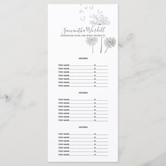 手作りバス体美しい製品価格表 メニュー (正面)