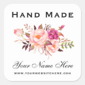 手作りピンク水彩フローラ小 スクエアシール (正面)