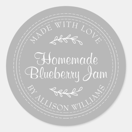 手作りブルーベリージャムの素朴なラベル 灰色 ラウンドシール (正面)
