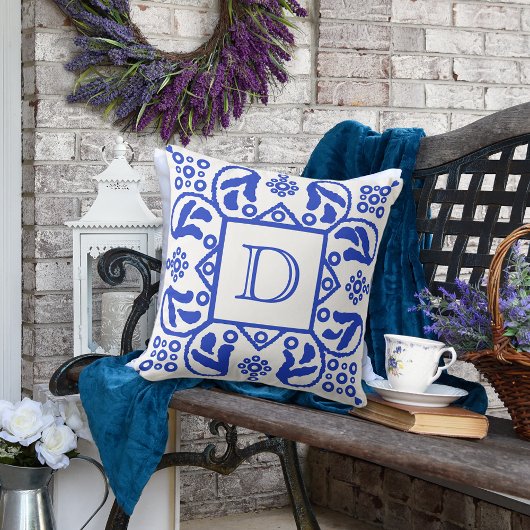 手作りブルーホワイトカスタムモノグラム クッション