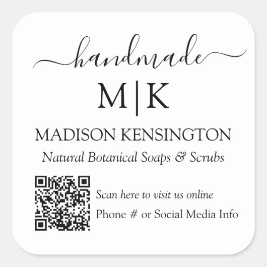 手作りモノグラムまたはロゴの追加ビジネスQRコード スクエアシール (正面)
