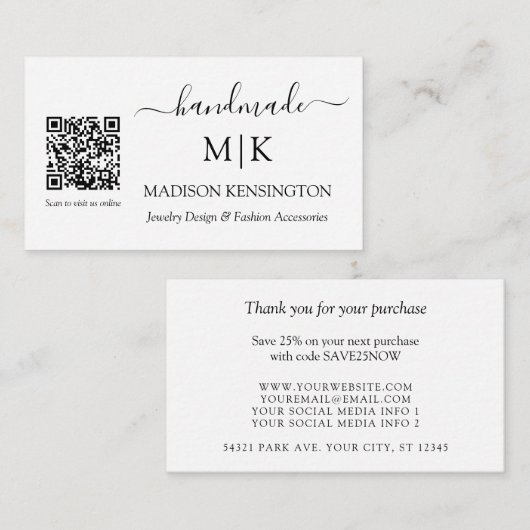 手作りモノグラムまたはロゴ追加ビジネスQRスモール ノートカード (正面/裏面)