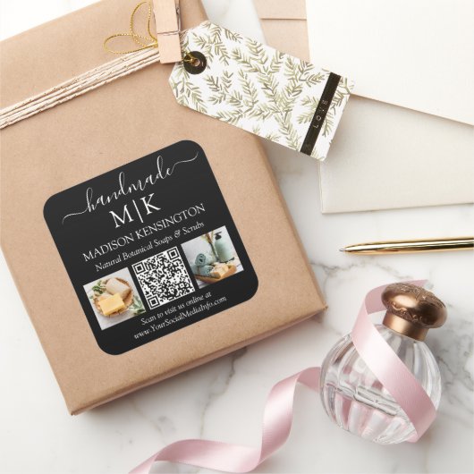 手作りモノグラムまたはロゴ追加ビジネスQR 2写真 スクエアシール (ギフト)