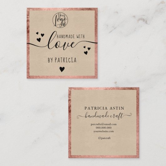 手作りラブタイポグラフィバラ金ゴールドクラフト スクエア名刺 (正面/裏面)