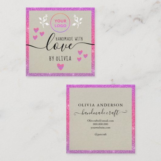 手作りラブタイポグラフィピンクグリッタークラフトグラデーション スクエア名刺 (正面/裏面)