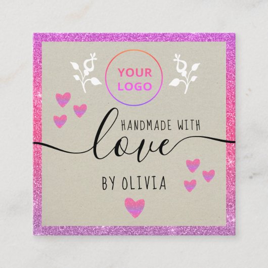 手作りラブタイポグラフィピンクグリッタークラフトグラデーション スクエア名刺 (正面)
