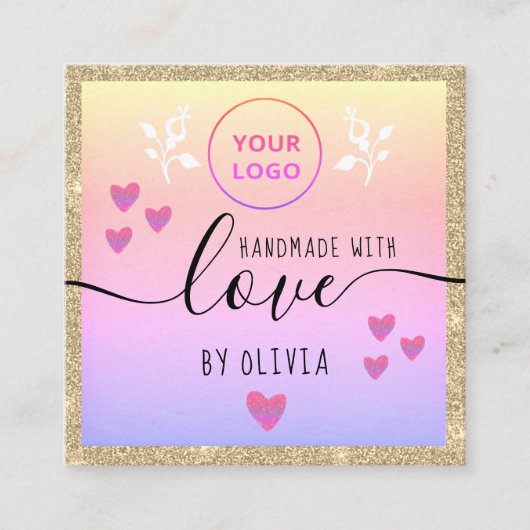 手作りラブタイポグラフィ金ゴールドグリッターピンクロゴ スクエア名刺 (正面)
