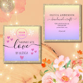 手作りラブタイポグラフィ金ゴールドグリッターピンクロゴ スクエア名刺