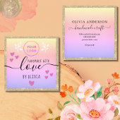 手作りラブタイポグラフィ金ゴールドグリッターピンクロゴ スクエア名刺