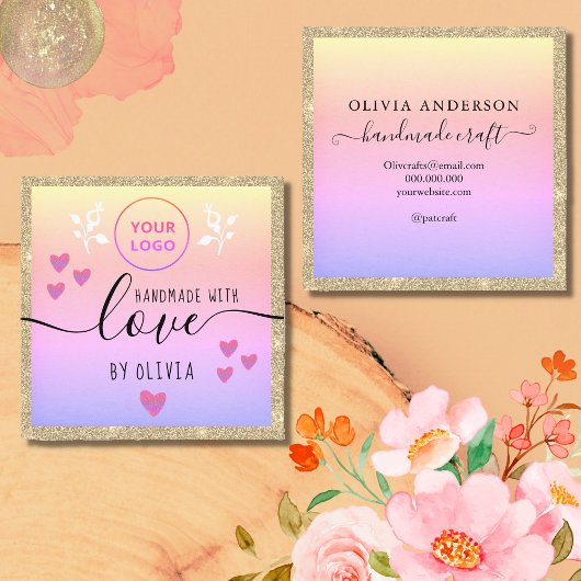 手作りラブタイポグラフィ金ゴールドグリッターピンクロゴ スクエア名刺
