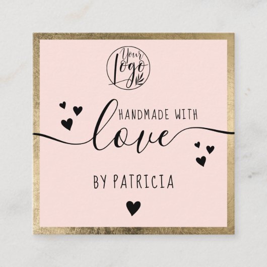 手作りラブタイポグラフィ金ゴールド赤面ピンクロゴ スクエア名刺 (正面)