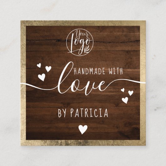手作りラヴタイポグラフィ素朴な金ゴールドウッドロゴ スクエア名刺 (正面)