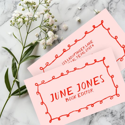 手作りループズドードルお洒落インクイシックレッドピンク 名刺