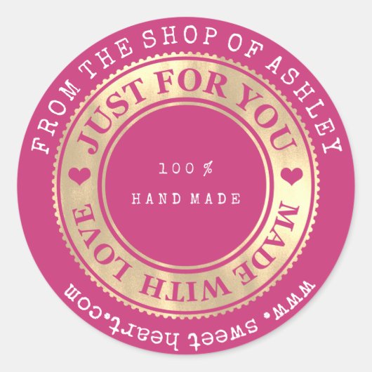 手作りロゴ名くもの巣ハートラブピンク金ゴールド ラウンドシール (正面)