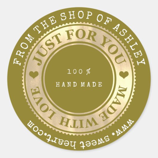 手作りロゴ名くもの巣ハートラブマスタード金ゴールド ラウンドシール (正面)