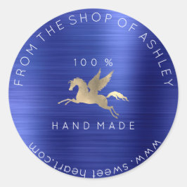 手作りロゴ名くもの巣ペガサスコバルトブルー金ゴールド ラウンドシール