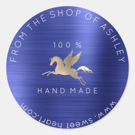 手作りロゴ名くもの巣ペガサスコバルトブルー金ゴールド ラウンドシール (正面)