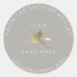 手作りロゴ名くもの巣ペガサスホースグレー金ゴールド ラウンドシール