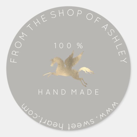 手作りロゴ名くもの巣ペガサスホースグレー金ゴールド ラウンドシール (正面)