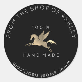 手作りロゴ名くもの巣ペガサスホースブラック金ゴールド ラウンドシール