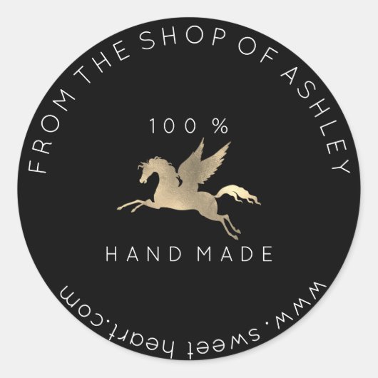 手作りロゴ名くもの巣ペガサスホースブラック金ゴールド ラウンドシール (正面)