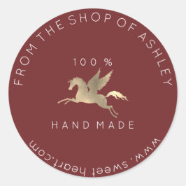 手作りロゴ名くもの巣ペガサスホースマルーン金ゴールド ラウンドシール