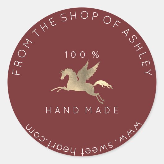 手作りロゴ名くもの巣ペガサスホースマルーン金ゴールド ラウンドシール (正面)