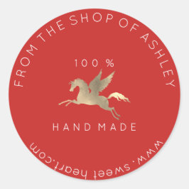 手作りロゴ名くもの巣ペガサスホースレッド金ゴールド ラウンドシール