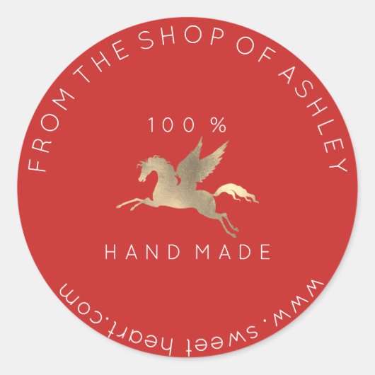 手作りロゴ名くもの巣ペガサスホースレッド金ゴールド ラウンドシール (正面)