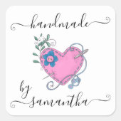 手作り名前をカスタムするステッチハートとボタン スクエアシール (正面)