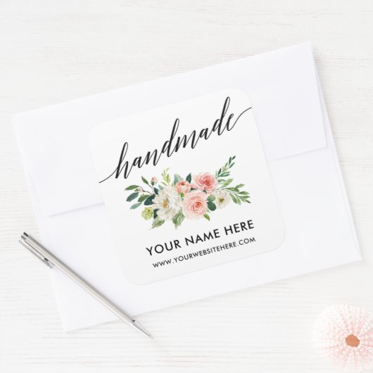 手作り書ピンクホワイトフローラ小 スクエアシール (封筒)