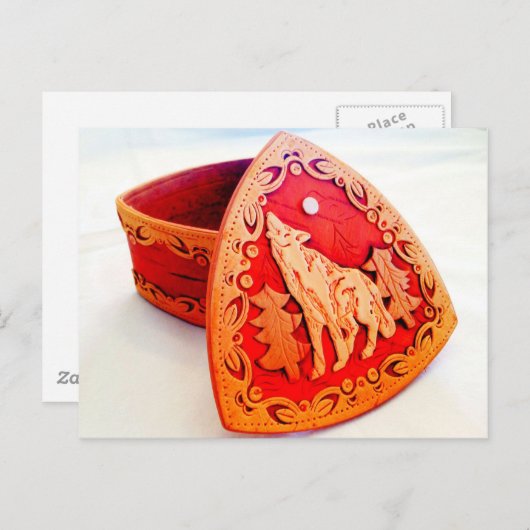 手作り樺の木ウッドジュエリーボックスとハウリングウルフ ポストカード (正面/裏面)