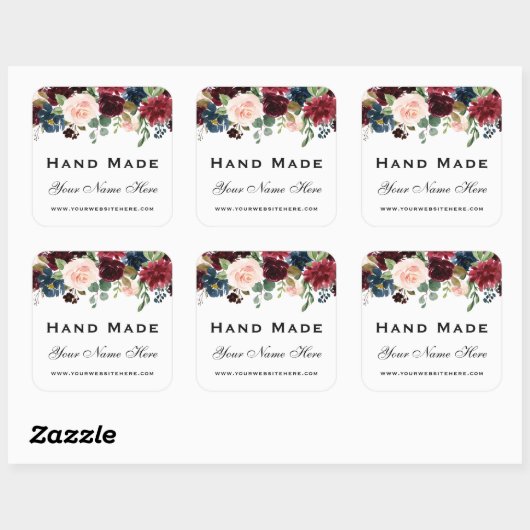 手作り水彩バーガンディーブルーフローラ小 スクエアシール (シート)