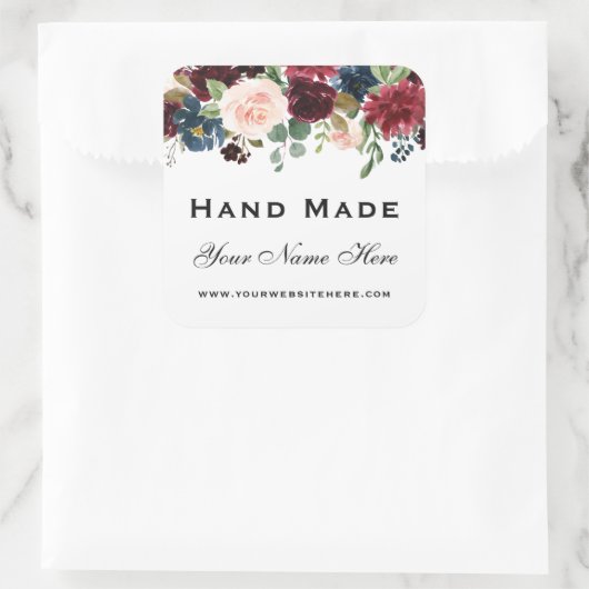 手作り水彩バーガンディーブルーフローラ小 スクエアシール (バッグ)