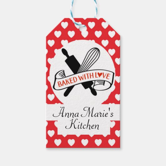 手作り焼いたの良いラベル – 愛で作られた！ ギフトタグ (正面)