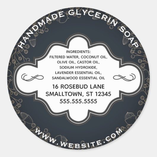 手作り石けんラベル素朴黒金ゴールド植物学 ラウンドシール (正面)