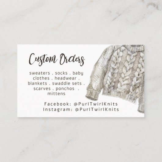 手作り編み物ウィンターハットとセーター 名刺 (裏面)