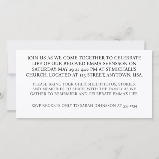 手作り葬式カードに触れる人生お祝い (裏面)