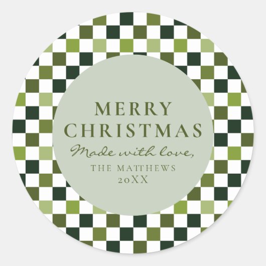 手作り食品のホリデーシーズン限定ラベル グリーンチェックのクリスマス ラウンドシール (正面)