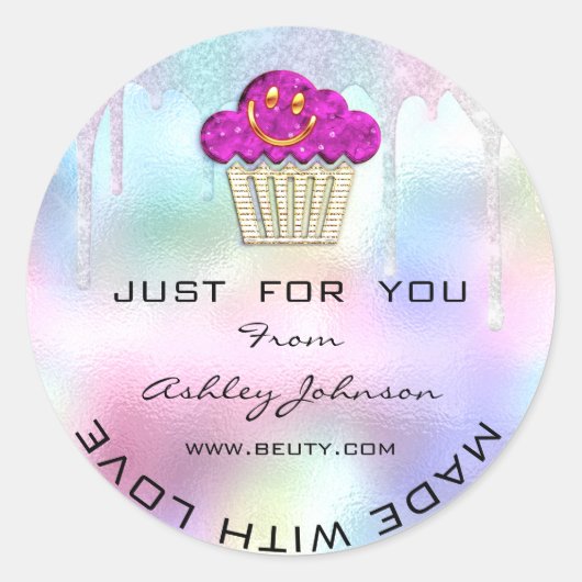手作り ケーキ お菓子 マフィン ロゴ 笑顔 ピンク ラウンドシール (正面)