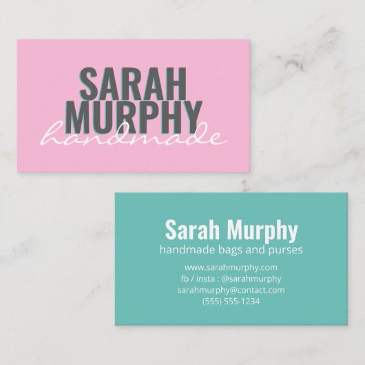 手作モダンりピンクミントスクリプトタイポグラフィ 名刺 (正面/裏面)