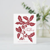 手作業で作成されたリノカットのホリーアートワークのクリスマス ポストカード (スタンド正面)